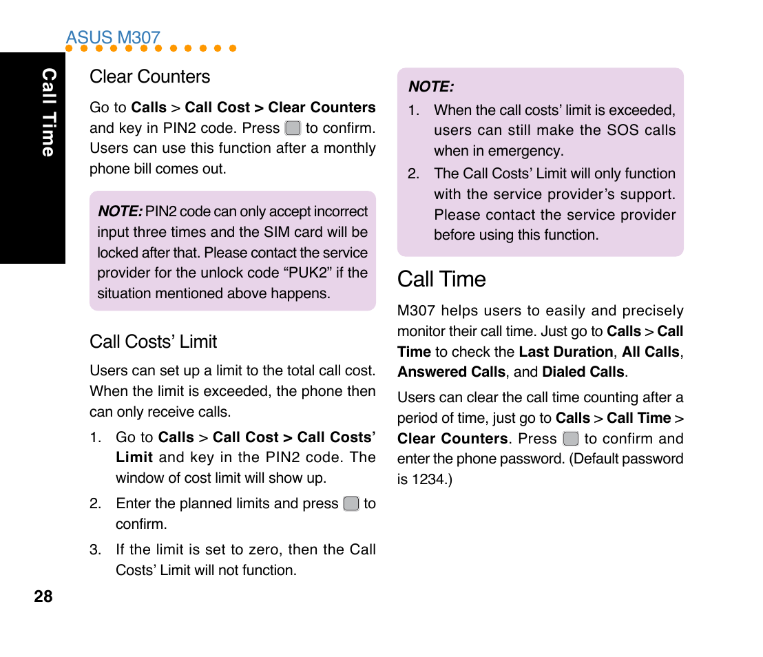 Call time, Call t ime clear counters, Call costs’ limit | Asus M307 User Manual | Page 28 / 78