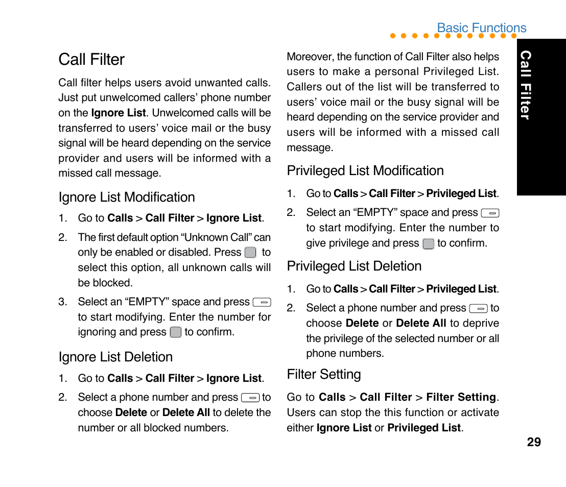 Call filter, Ignore list modification, Ignore list deletion | Privileged list modification, Privileged list deletion, Filter setting | Asus M307 User Manual | Page 29 / 78