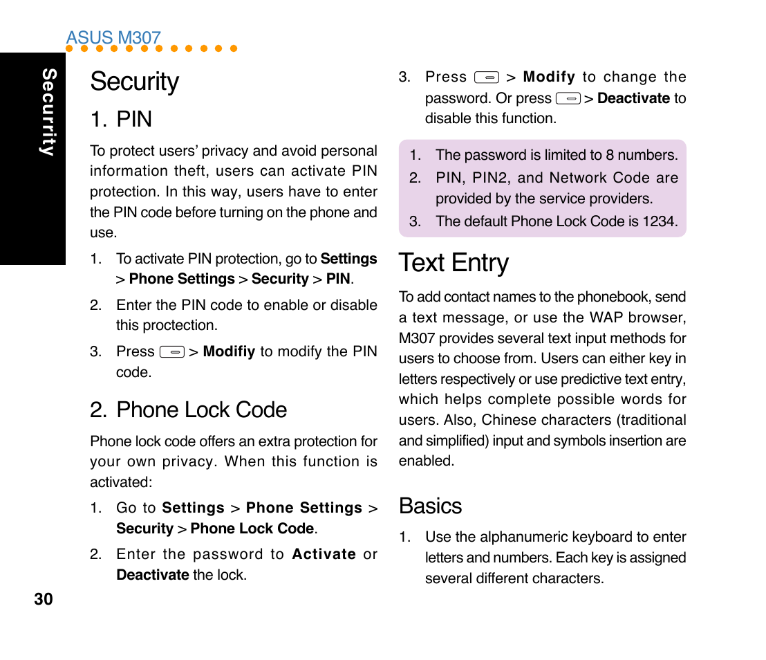 Security, Text entry, Phone lock code | Basics | Asus M307 User Manual | Page 30 / 78