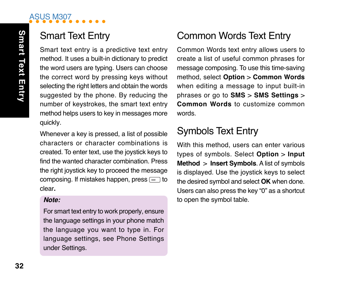 Smart text entry, Common words text entry, Symbols text entry | Asus M307 User Manual | Page 32 / 78