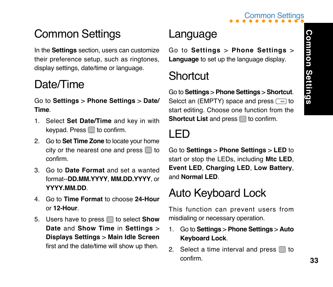 Common settings, Date/time, Language | Shortcut, Auto keyboard lock | Asus M307 User Manual | Page 33 / 78