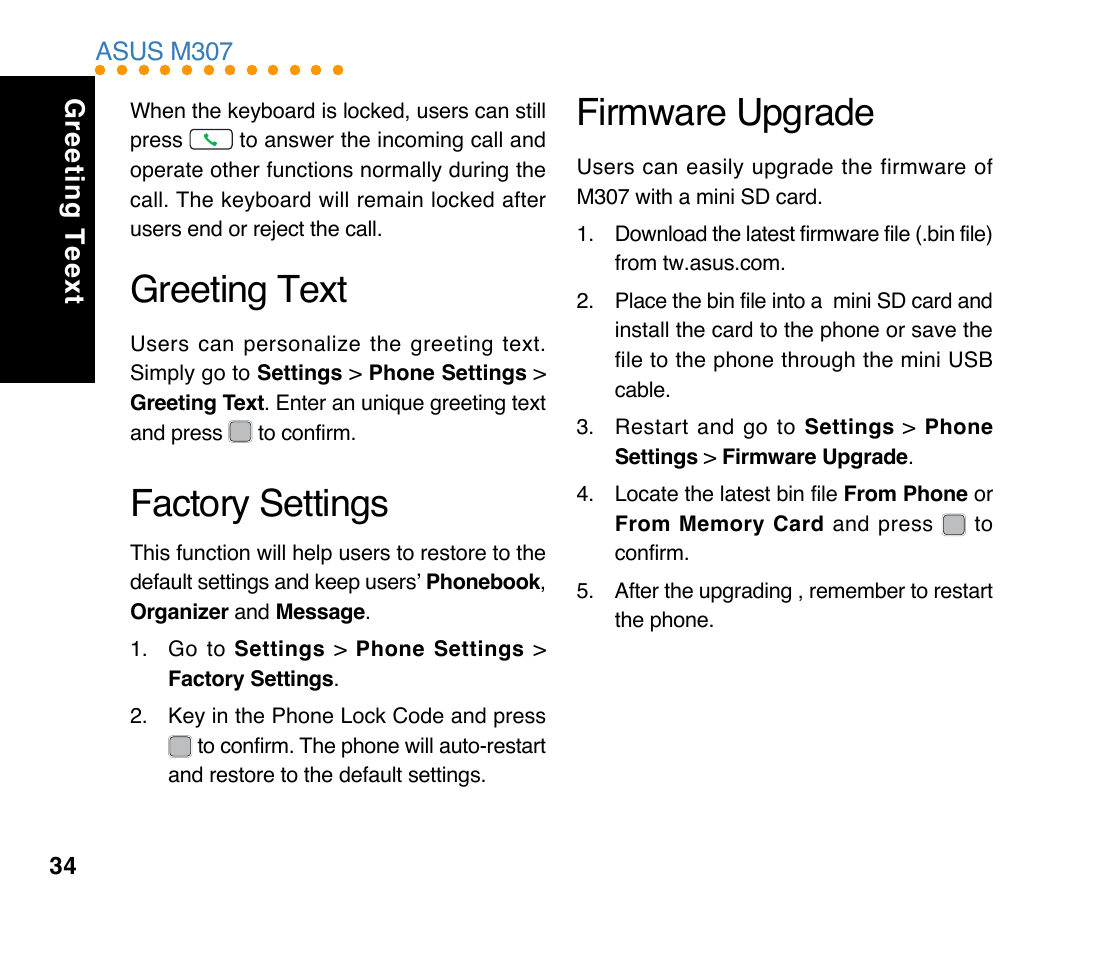 Factory settings, Greeting text, Firmware upgrade | Greeting teext | Asus M307 User Manual | Page 34 / 78