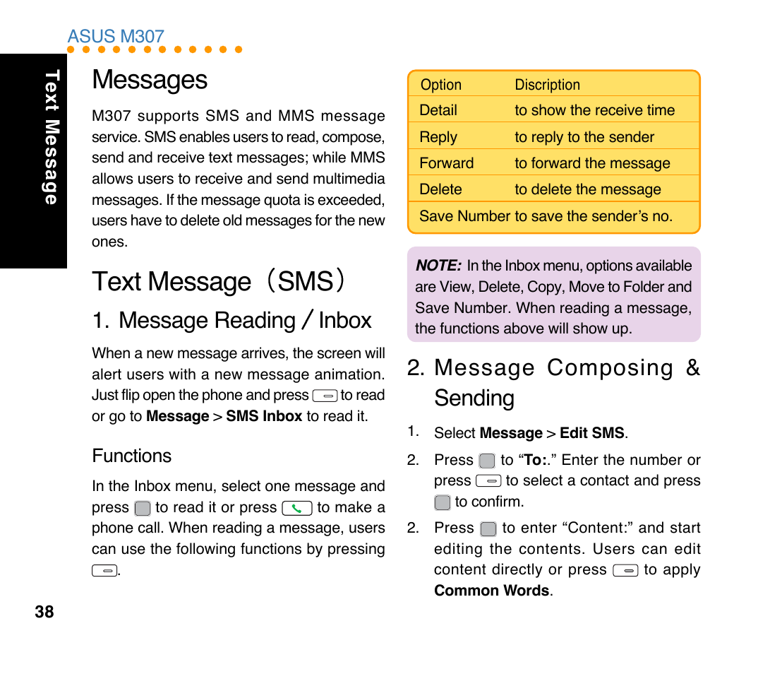 Messages, Text message sms, Message reading inbox | Message composing & sending, Functions, Text messagge text message | Asus M307 User Manual | Page 38 / 78