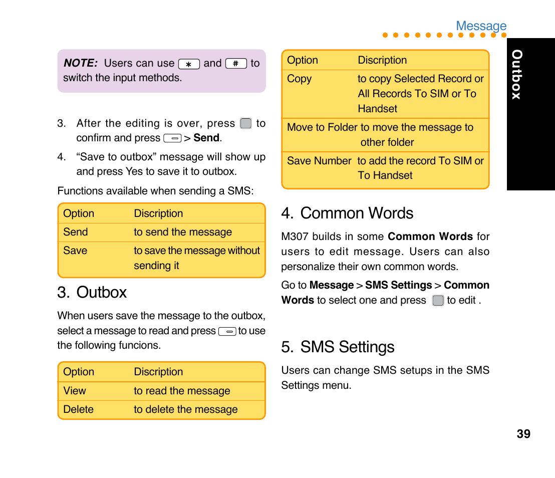 Sms settings, Common words, Outbox | Asus M307 User Manual | Page 39 / 78