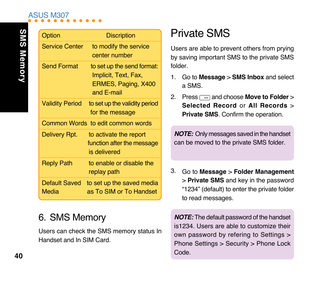 Private sms | Asus M307 User Manual | Page 40 / 78