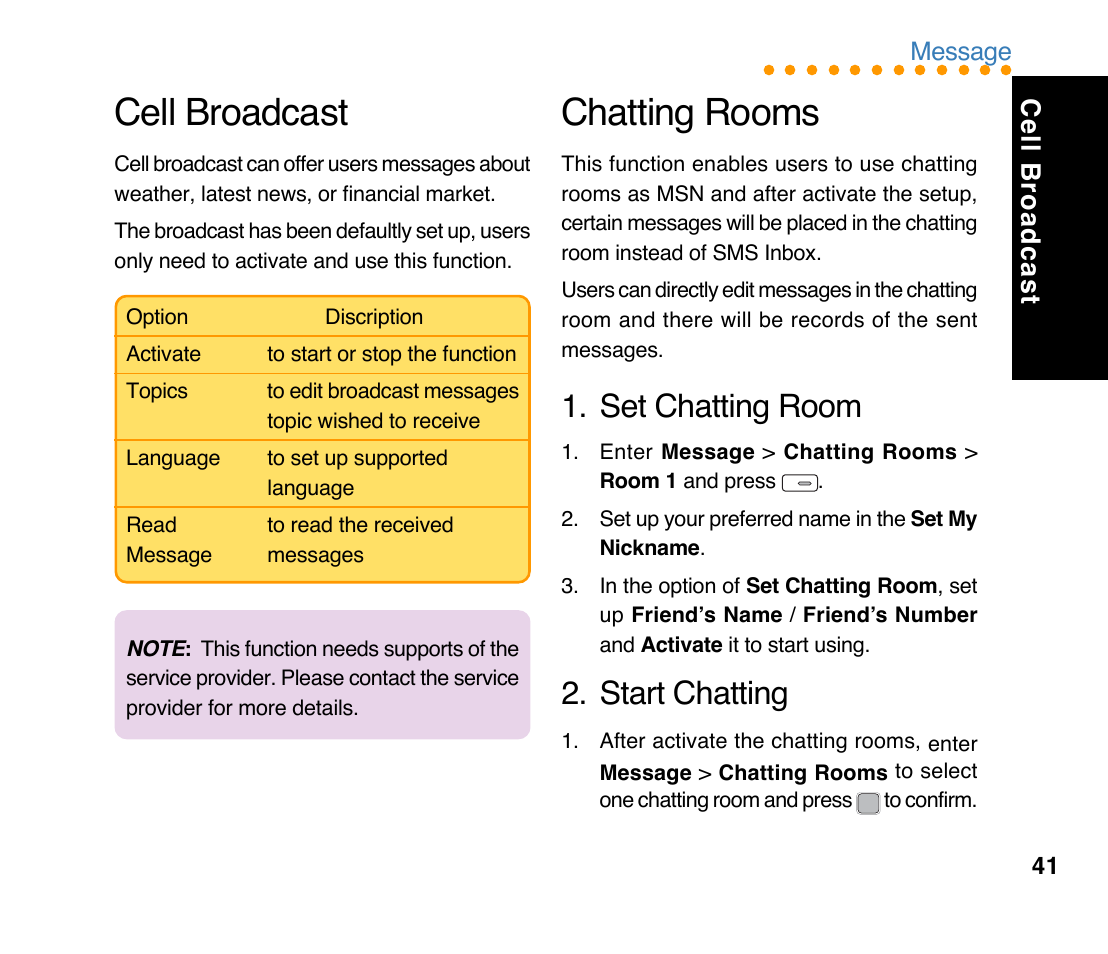 Chatting rooms, Set chatting room, Start chatting | Cell broadcast | Asus M307 User Manual | Page 41 / 78