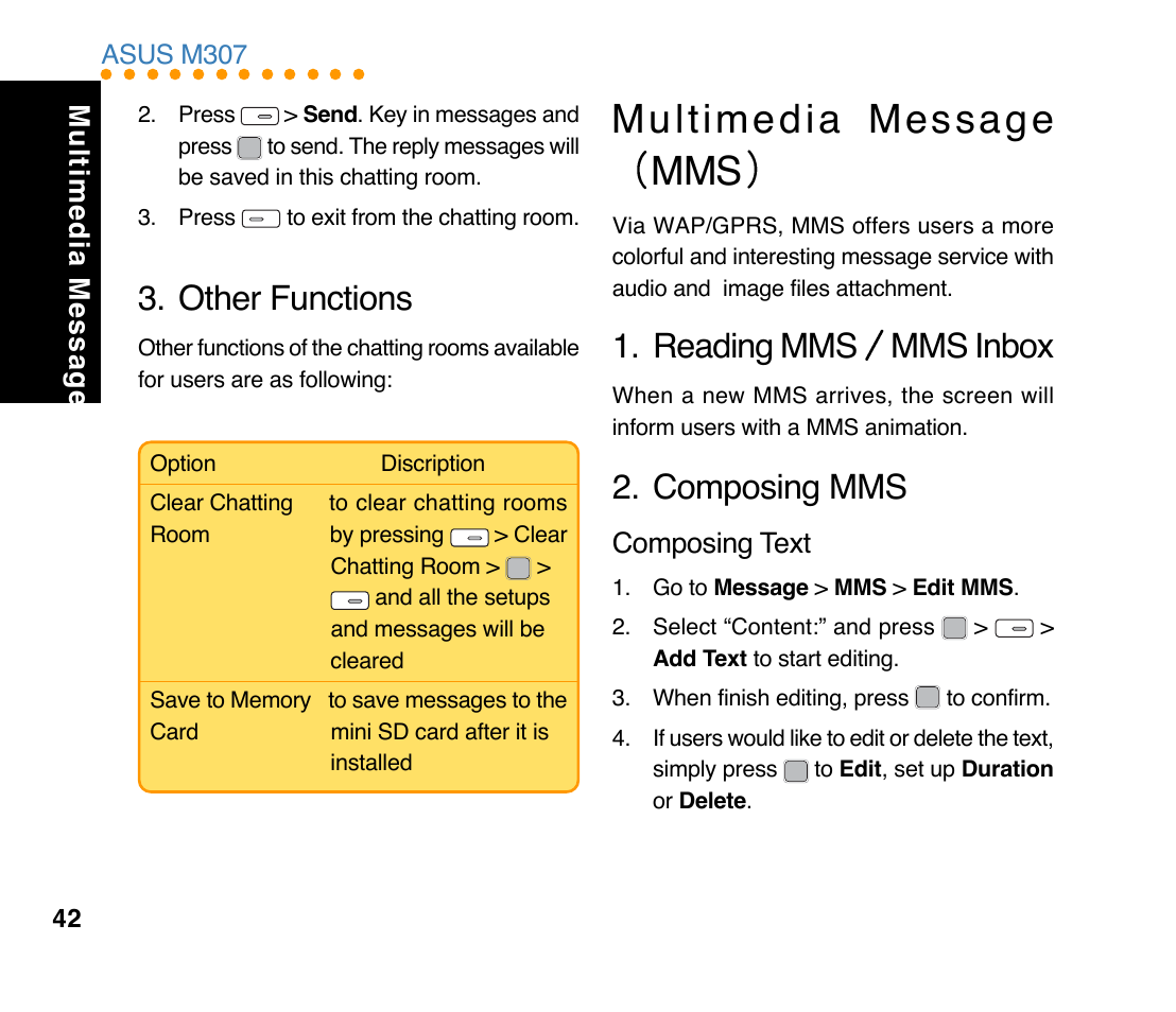 Multimedia message mms, Other functions, Reading mms mms inbox | Composing mms, Composing text, Multimedia message | Asus M307 User Manual | Page 42 / 78