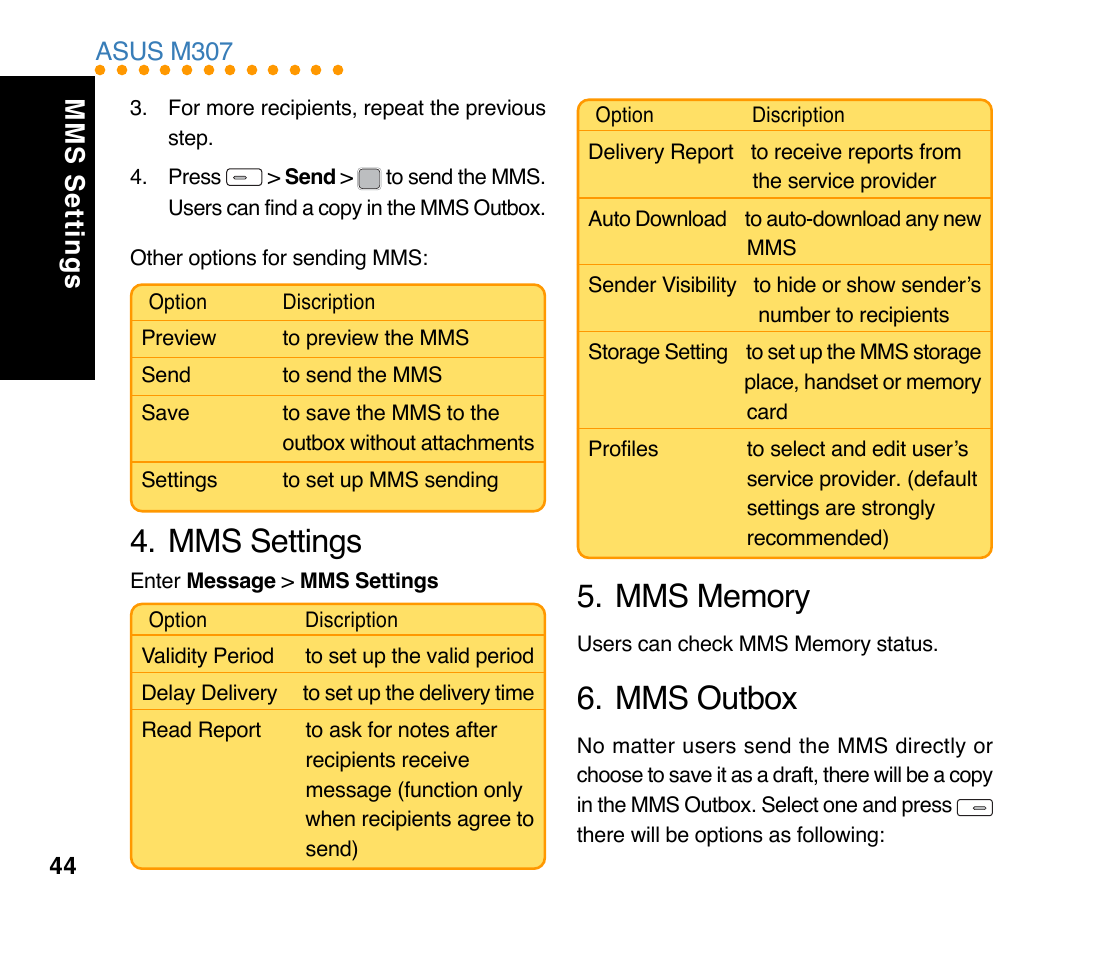 Mms settings, Mms outbox | Asus M307 User Manual | Page 44 / 78