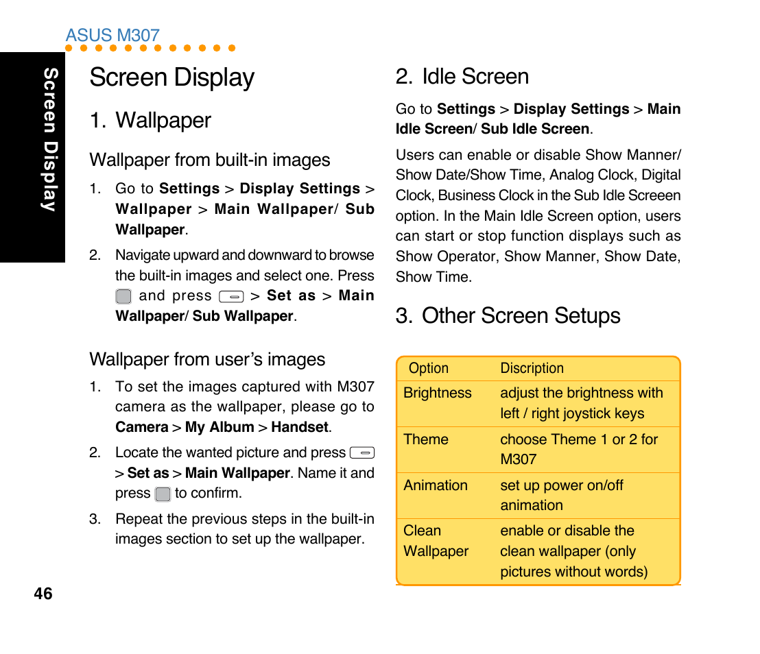 Screen display, Wallpaper, Idle screen | Other screen setups, Wallpaper from built-in images, Wallpaper from user’s images | Asus M307 User Manual | Page 46 / 78