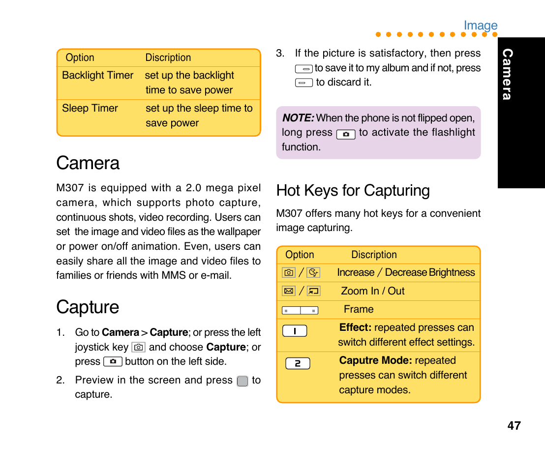 Capture, Hot keys for capturing, Camera | Asus M307 User Manual | Page 47 / 78