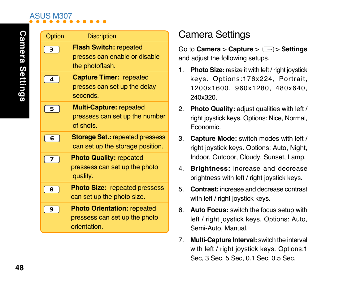 Camera settings, Asus m307 | Asus M307 User Manual | Page 48 / 78