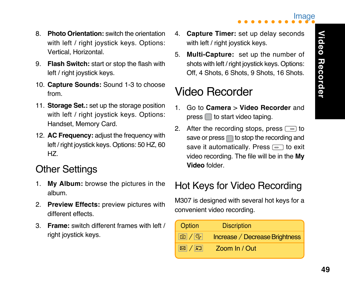 Other settings, Hot keys for video recording, Video recorder | Asus M307 User Manual | Page 49 / 78