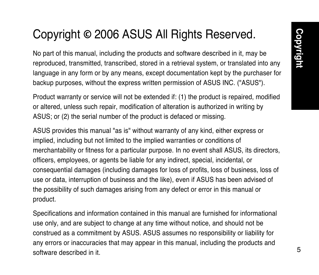 Copyright 2006 asus all rights reserved, Copyright | Asus M307 User Manual | Page 5 / 78