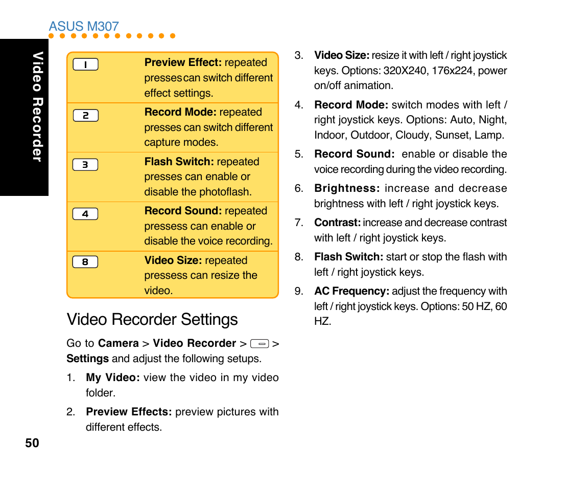 Video recorder settings, Video recorder, Asus m307 | Asus M307 User Manual | Page 50 / 78