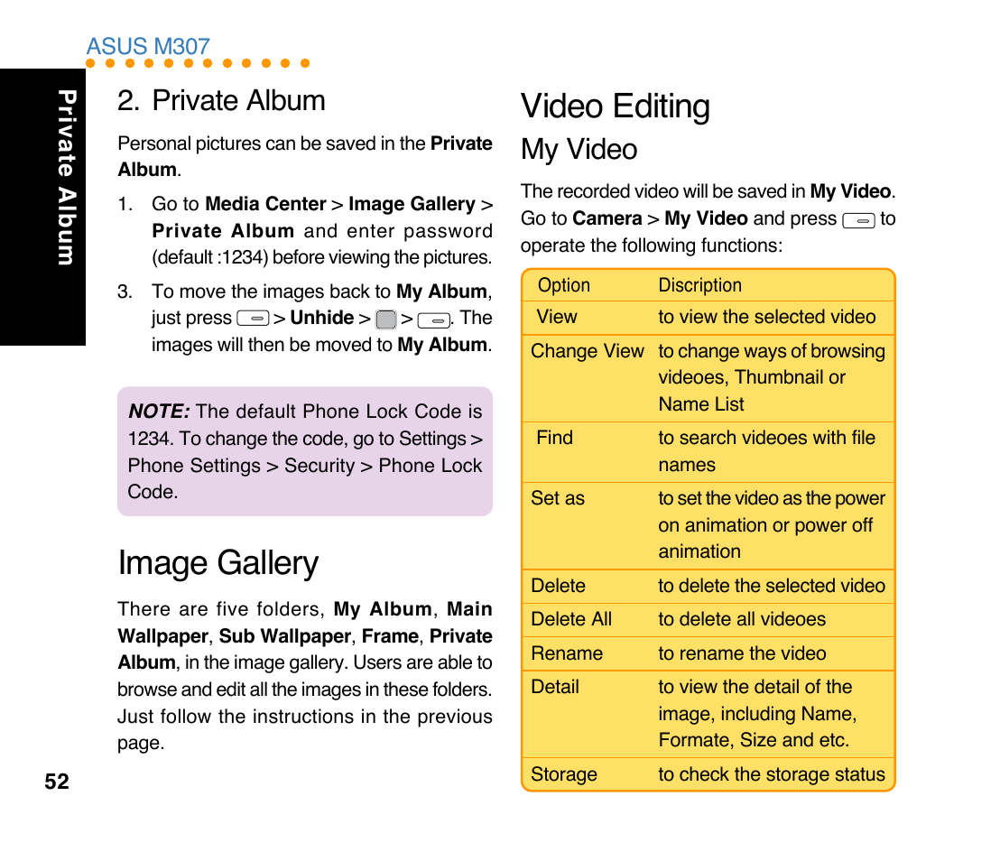 Image gallery, Video editing, Private album | My video, Video editing private album | Asus M307 User Manual | Page 52 / 78