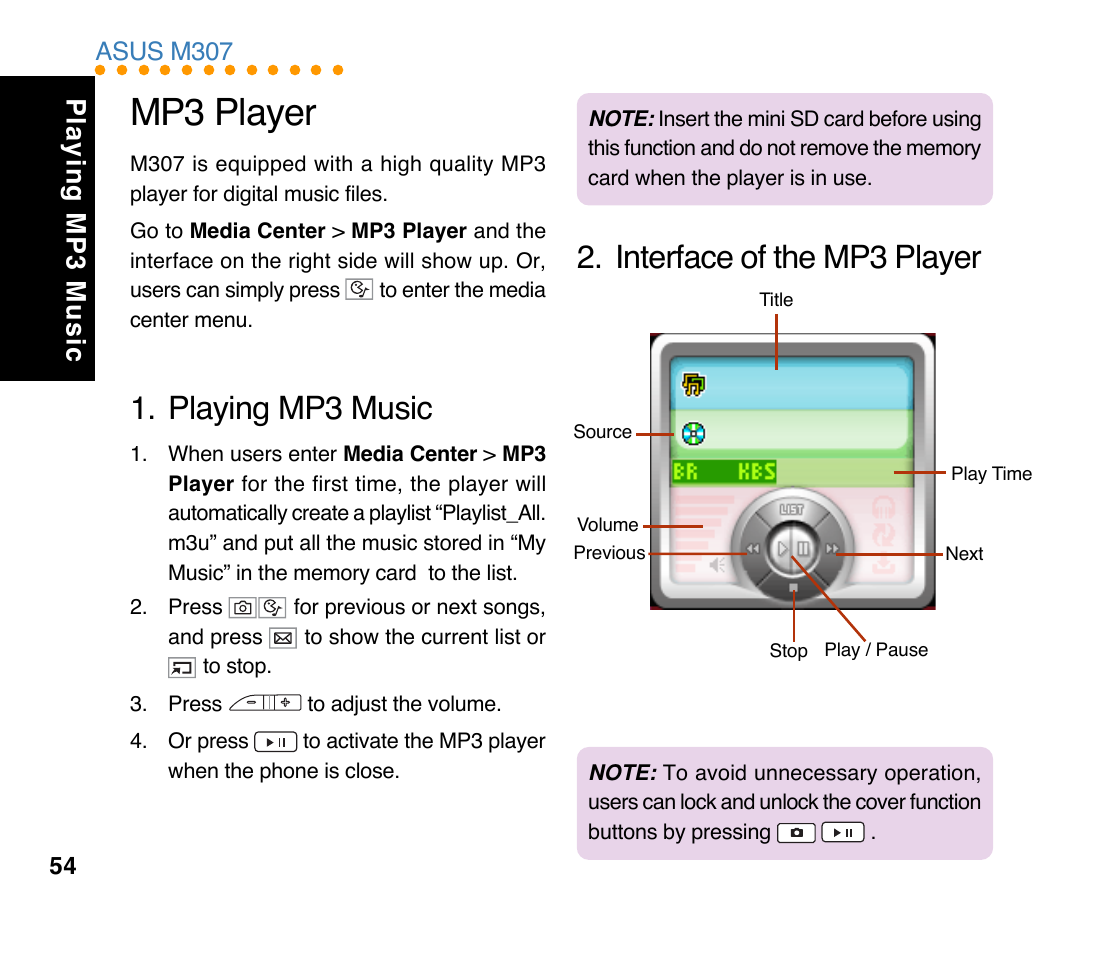 Mp3 player, Interface of the mp3 player 1. playing mp3 music, Playing mp3 music | Asus m307 | Asus M307 User Manual | Page 54 / 78