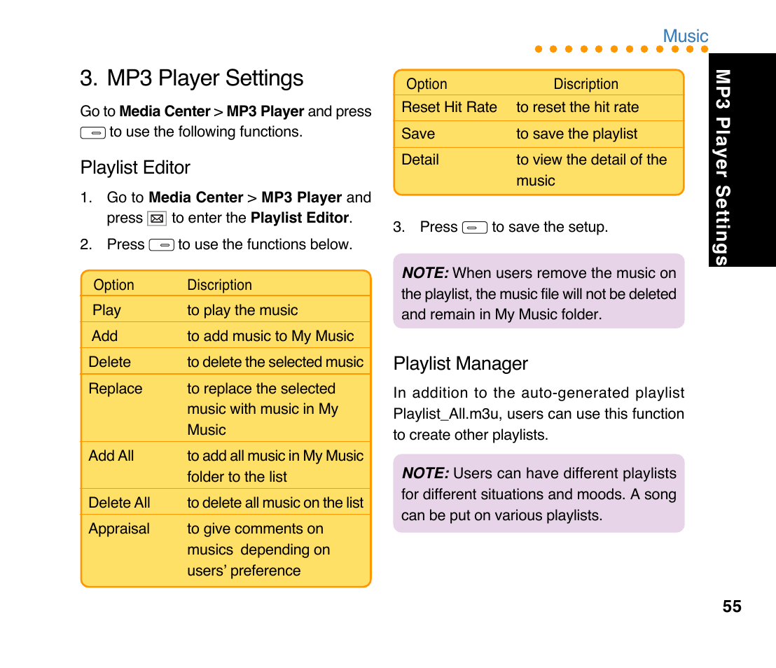 Mp3 player settings, Mp3 player settings playlist editor, Playlist manager | Asus M307 User Manual | Page 55 / 78