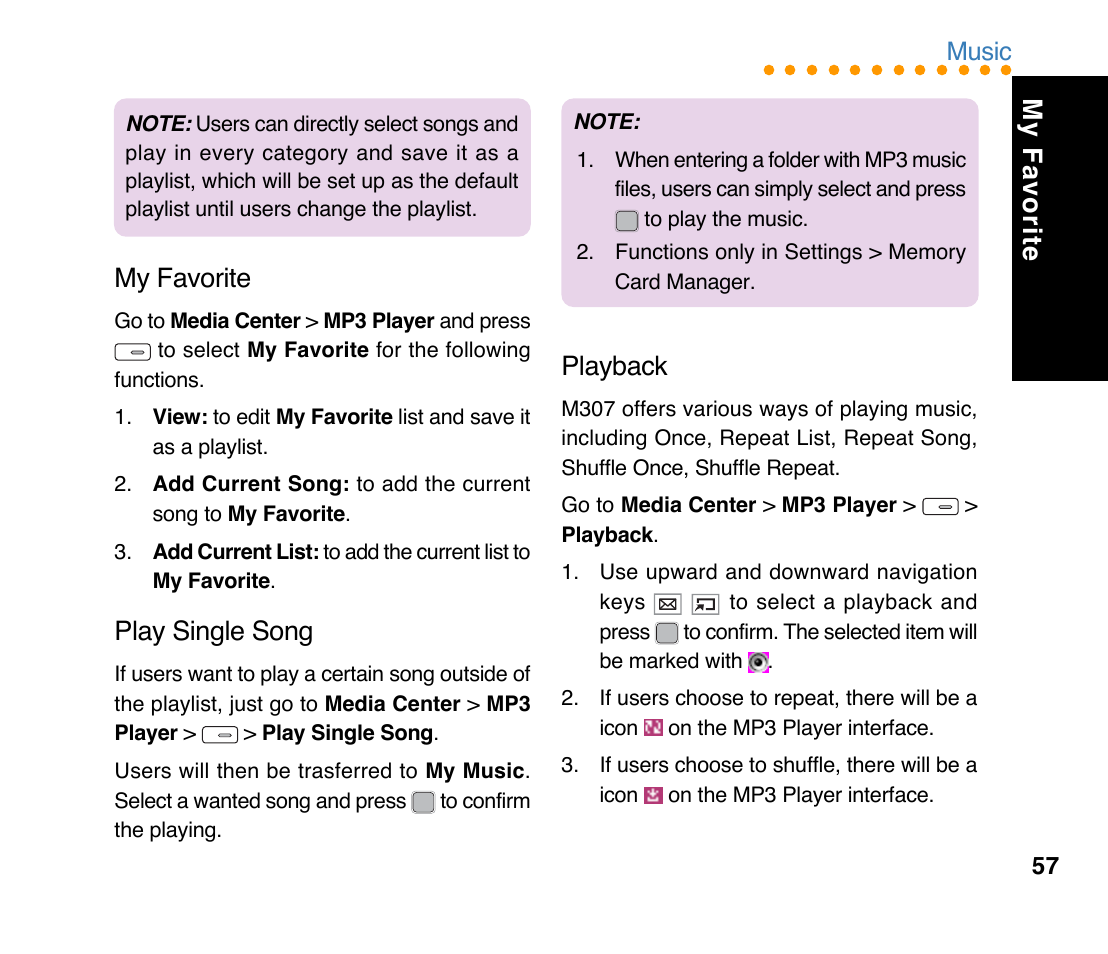 My favorite, Play single song, Playback | Music | Asus M307 User Manual | Page 57 / 78