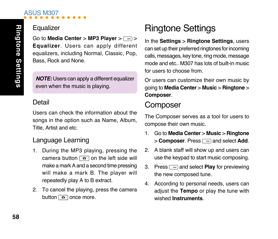 Ringtone settings, Composer, Ri ngtone settings equalizer | Detail, Language learning | Asus M307 User Manual | Page 58 / 78