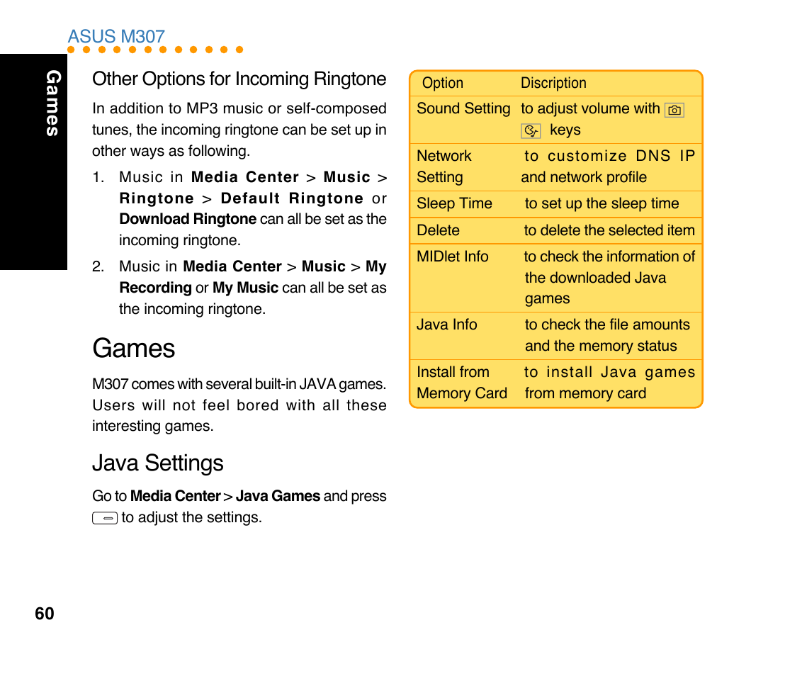 Games, Java settings, Games other options for incoming ringtone | Asus M307 User Manual | Page 60 / 78