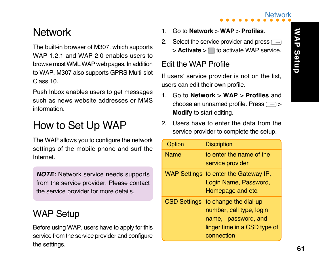 Network, How to set up wap, Wap setup | Edit the wap profile | Asus M307 User Manual | Page 61 / 78