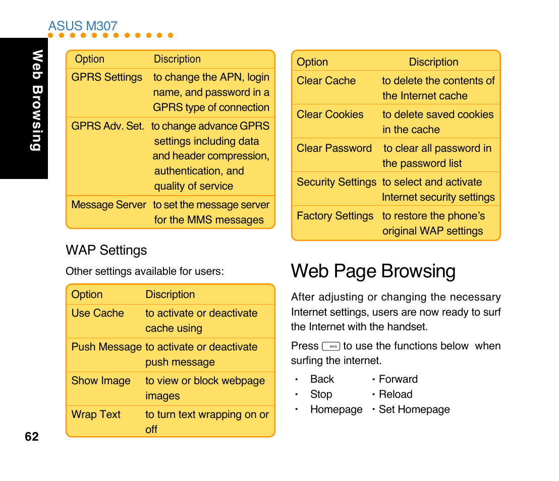 Web page browsing, Wap settings, Web browsing | Asus m307 | Asus M307 User Manual | Page 62 / 78