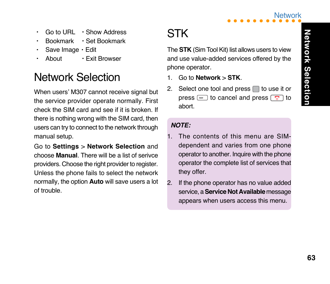 Network selection | Asus M307 User Manual | Page 63 / 78