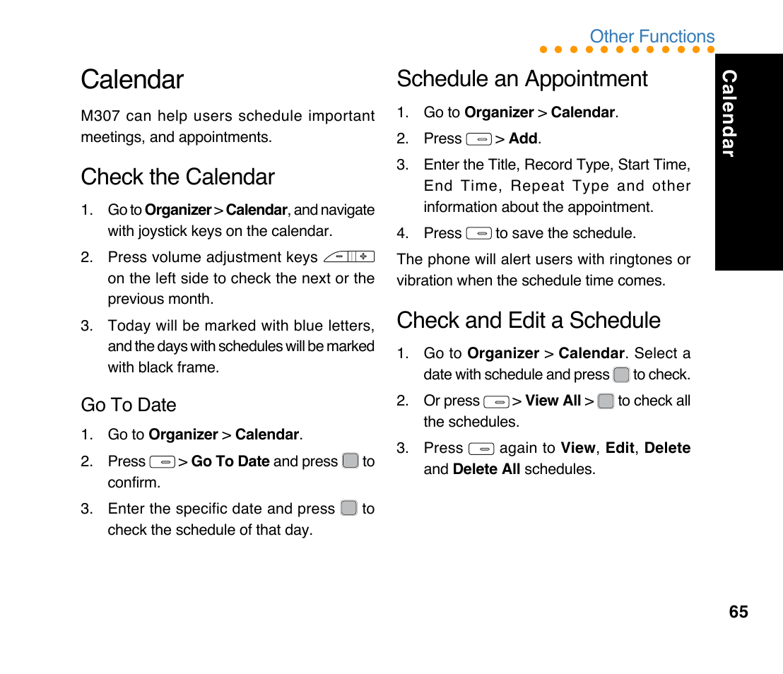 Schedule an appointment, Check and edit a schedule, Check the calendar | Calendar, Go to date | Asus M307 User Manual | Page 65 / 78