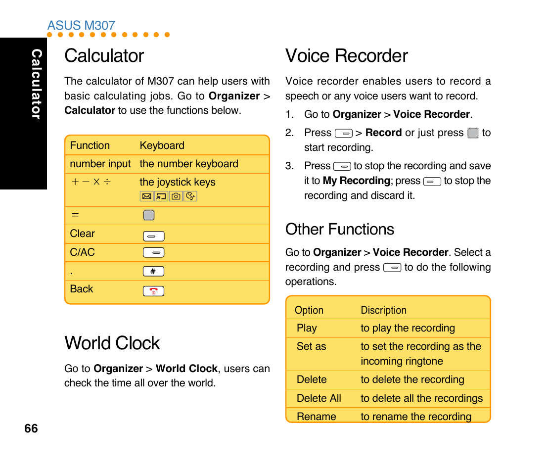 Calculator, World clock, Voice recorder | Other functions | Asus M307 User Manual | Page 66 / 78