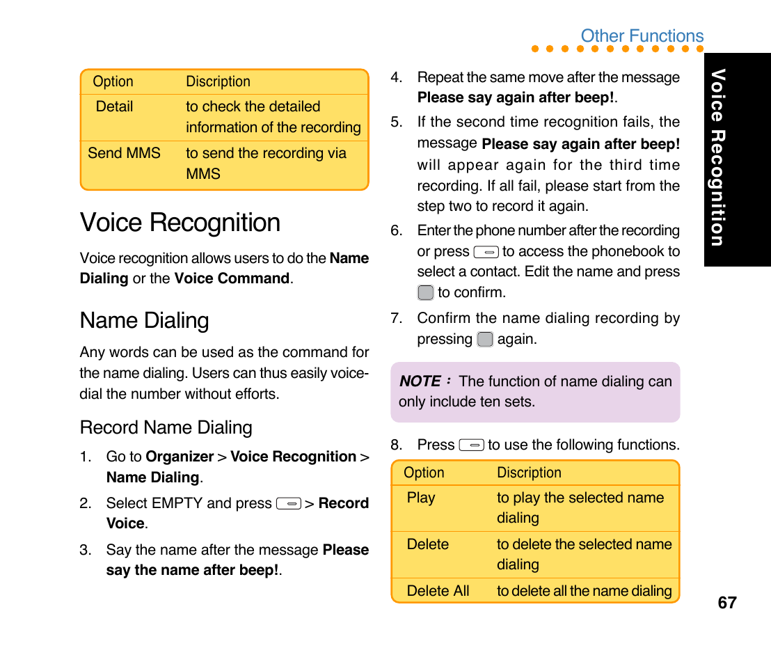 Name dialing, Voice recognition, Record name dialing | Asus M307 User Manual | Page 67 / 78