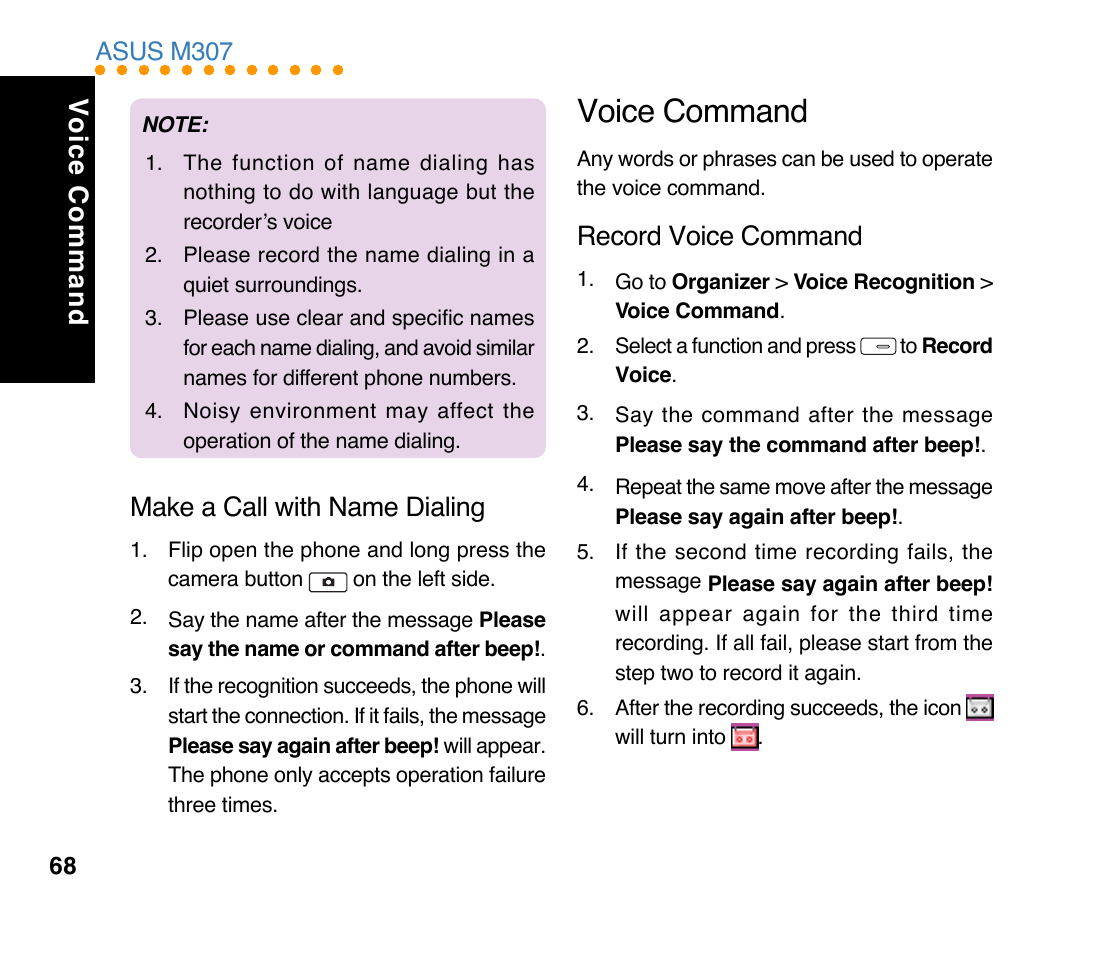 Voice command, Make a call with name dialing, Record voice command | Asus M307 User Manual | Page 68 / 78