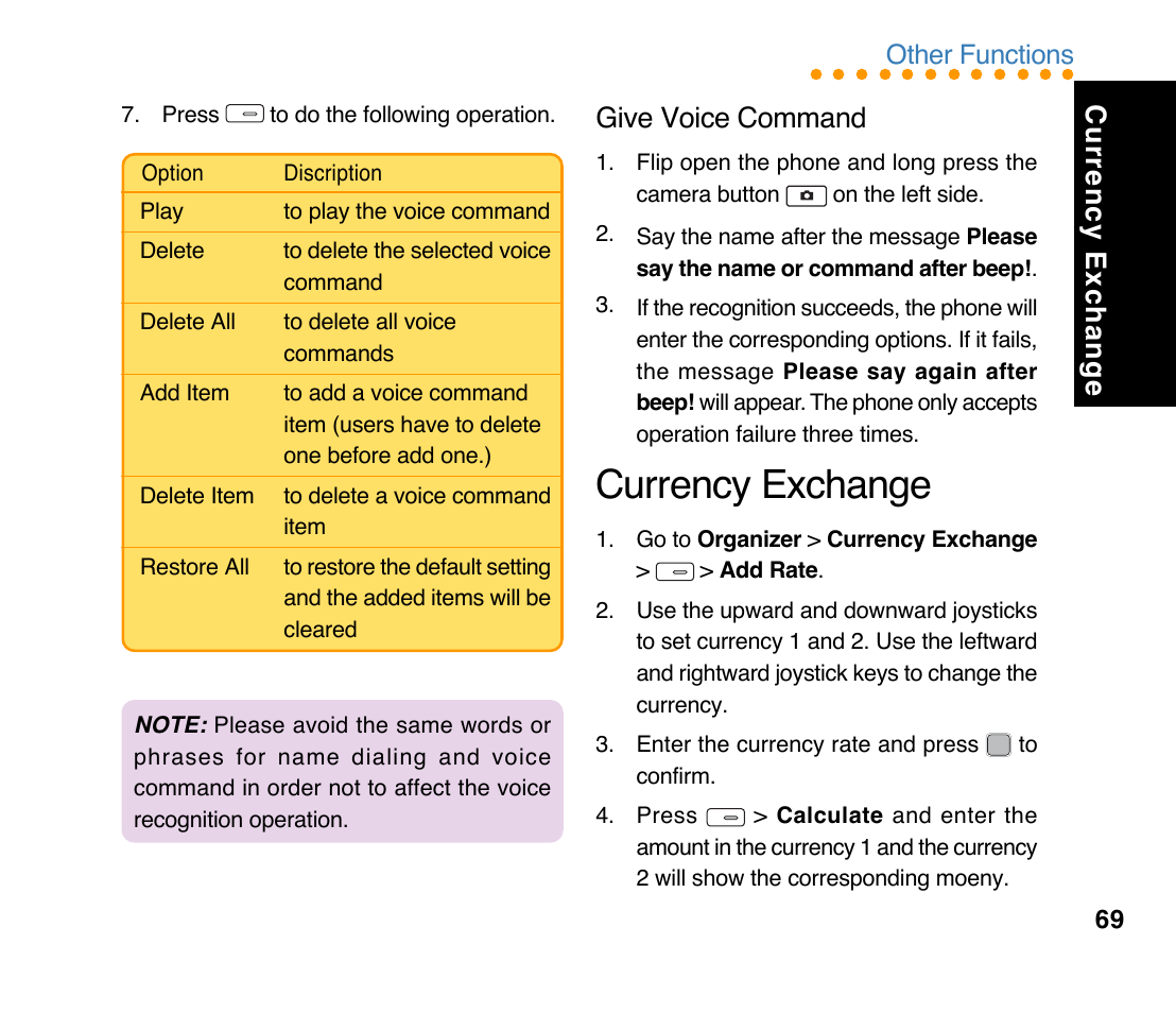 Currency exchange, Give voice command, Other functions | Asus M307 User Manual | Page 69 / 78