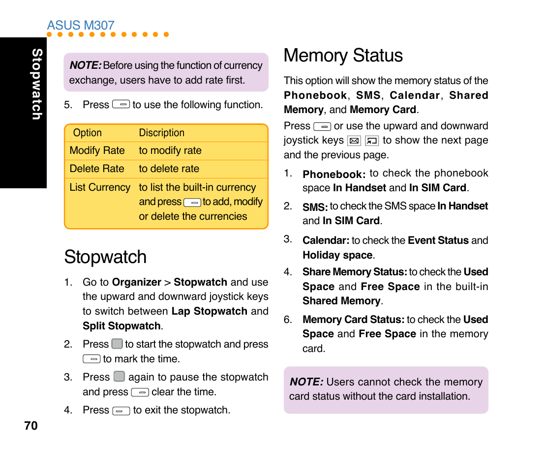 Stopwatch, St opwatch | Asus M307 User Manual | Page 70 / 78