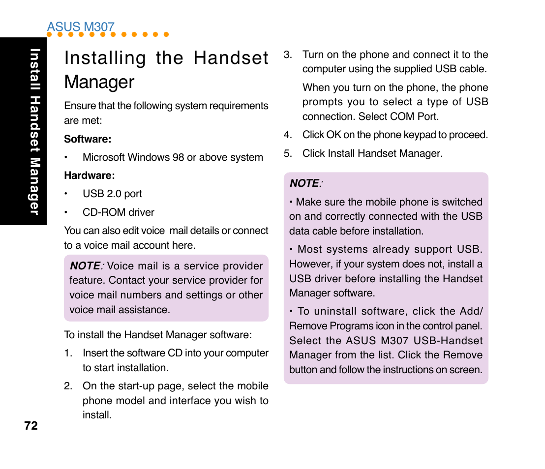 Installing the handset manager, Install handset manager | Asus M307 User Manual | Page 72 / 78