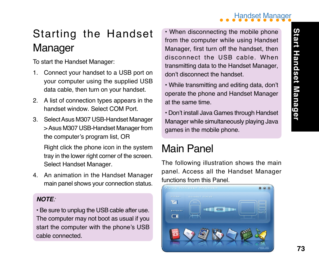 Starting the handset manager, Main panel | Asus M307 User Manual | Page 73 / 78