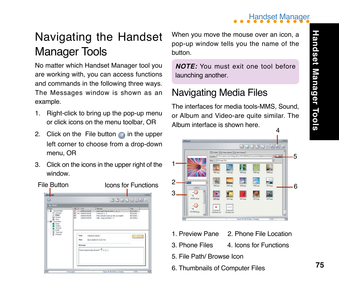 Navigating the handset manager tools, Navigating media files, Handset manager t ools | Asus M307 User Manual | Page 75 / 78