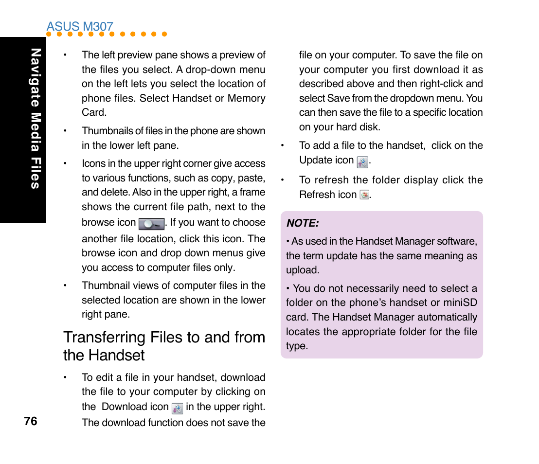 Transferring files to and from the handset, Navigate media files, Asus m307 | Asus M307 User Manual | Page 76 / 78