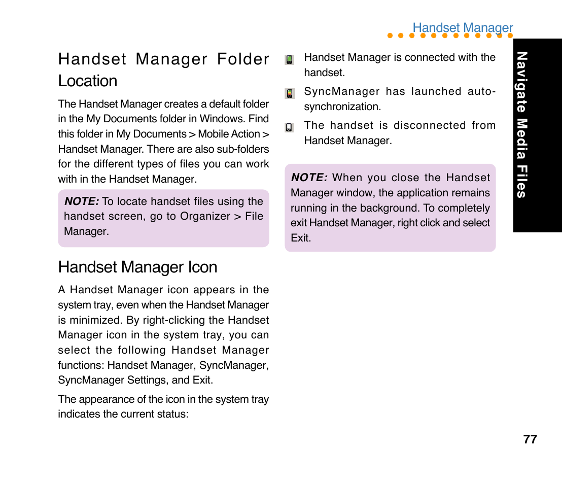 Handset manager folder location, Handset manager icon, Navigate media files | Asus M307 User Manual | Page 77 / 78