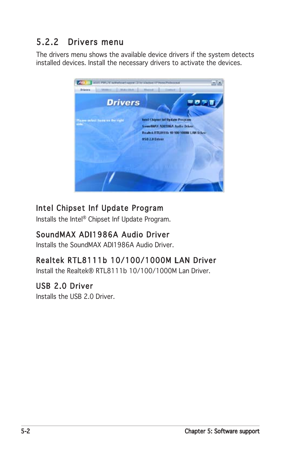 2 drivers menu | Asus Motherboard P5PL2-E User Manual | Page 102 / 116