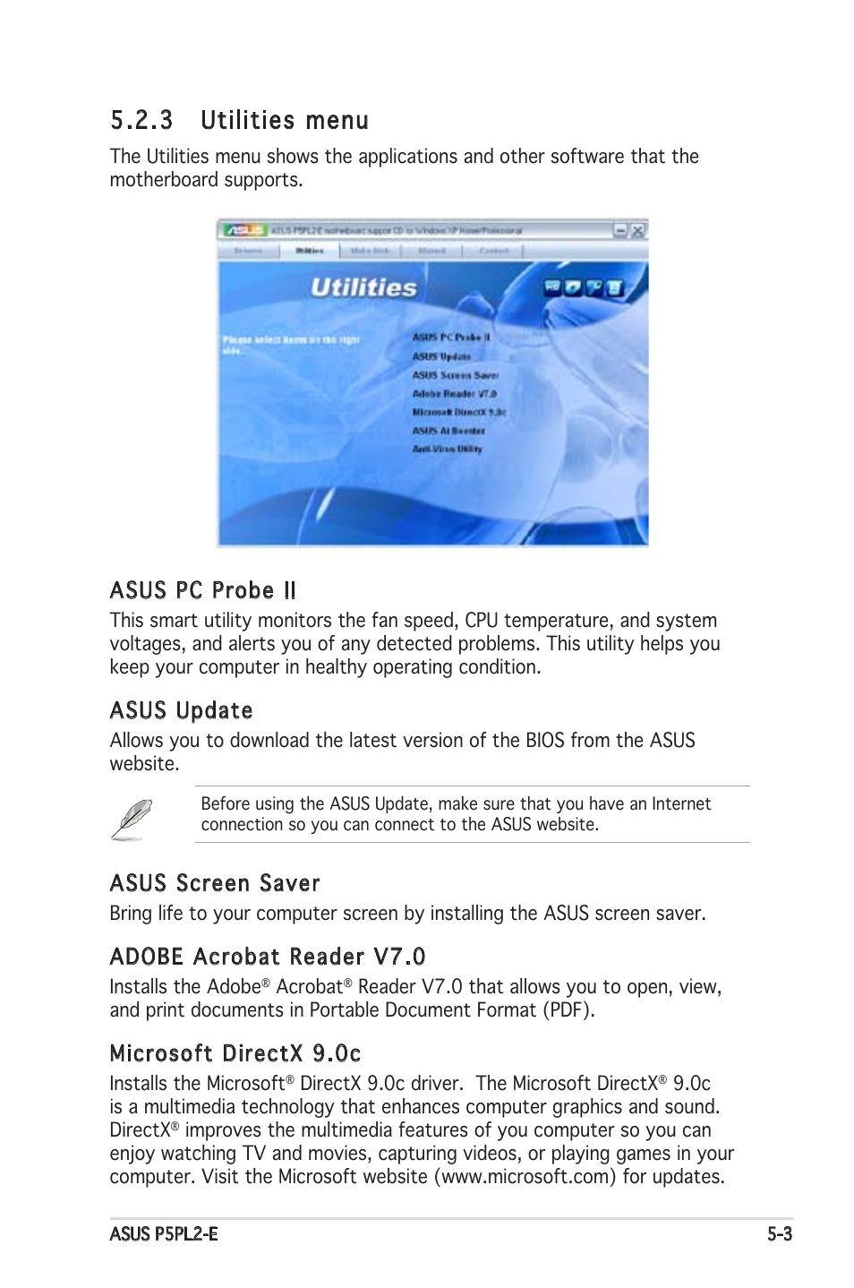 3 utilities menu, Asus pc probe ii, Asus update | Asus screen saver, Adobe acrobat reader v7.0, Microsoft directx 9.0c | Asus Motherboard P5PL2-E User Manual | Page 103 / 116