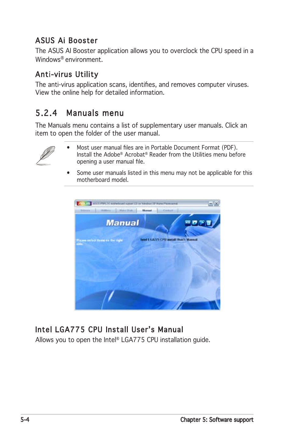 4 manuals menu, Intel lga775 cpu install user’s manual, Asus ai booster | Anti-virus utility | Asus Motherboard P5PL2-E User Manual | Page 104 / 116