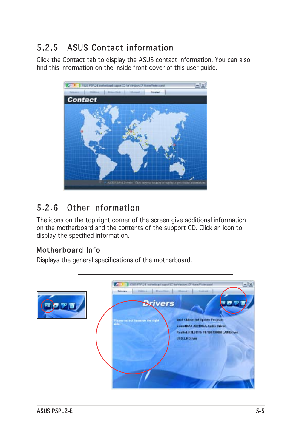 5 asus contact information, 6 other information | Asus Motherboard P5PL2-E User Manual | Page 105 / 116