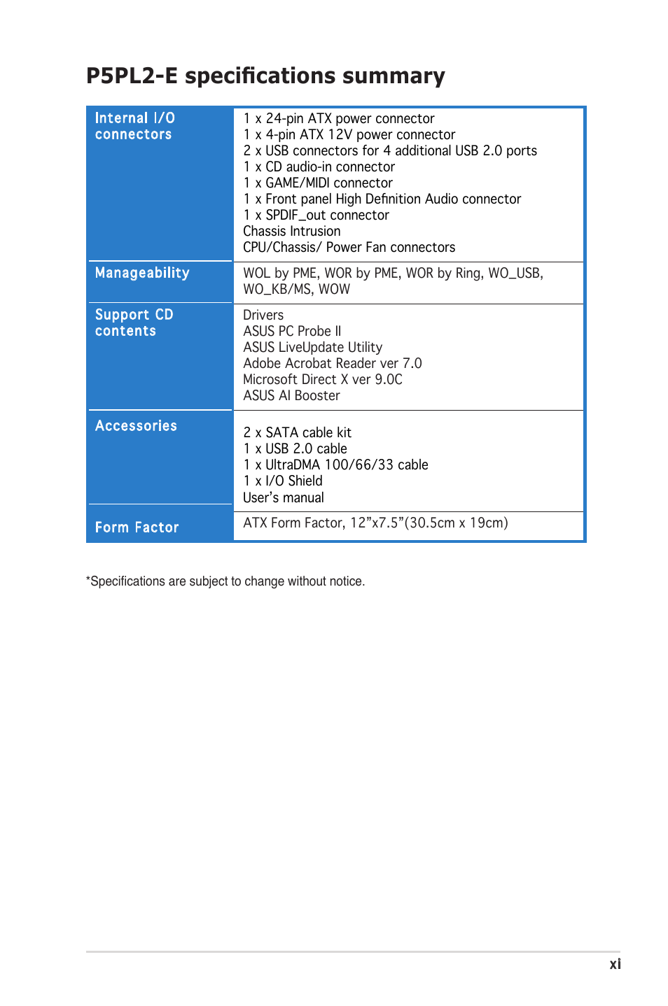 P5pl2-e specifications summary | Asus Motherboard P5PL2-E User Manual | Page 11 / 116