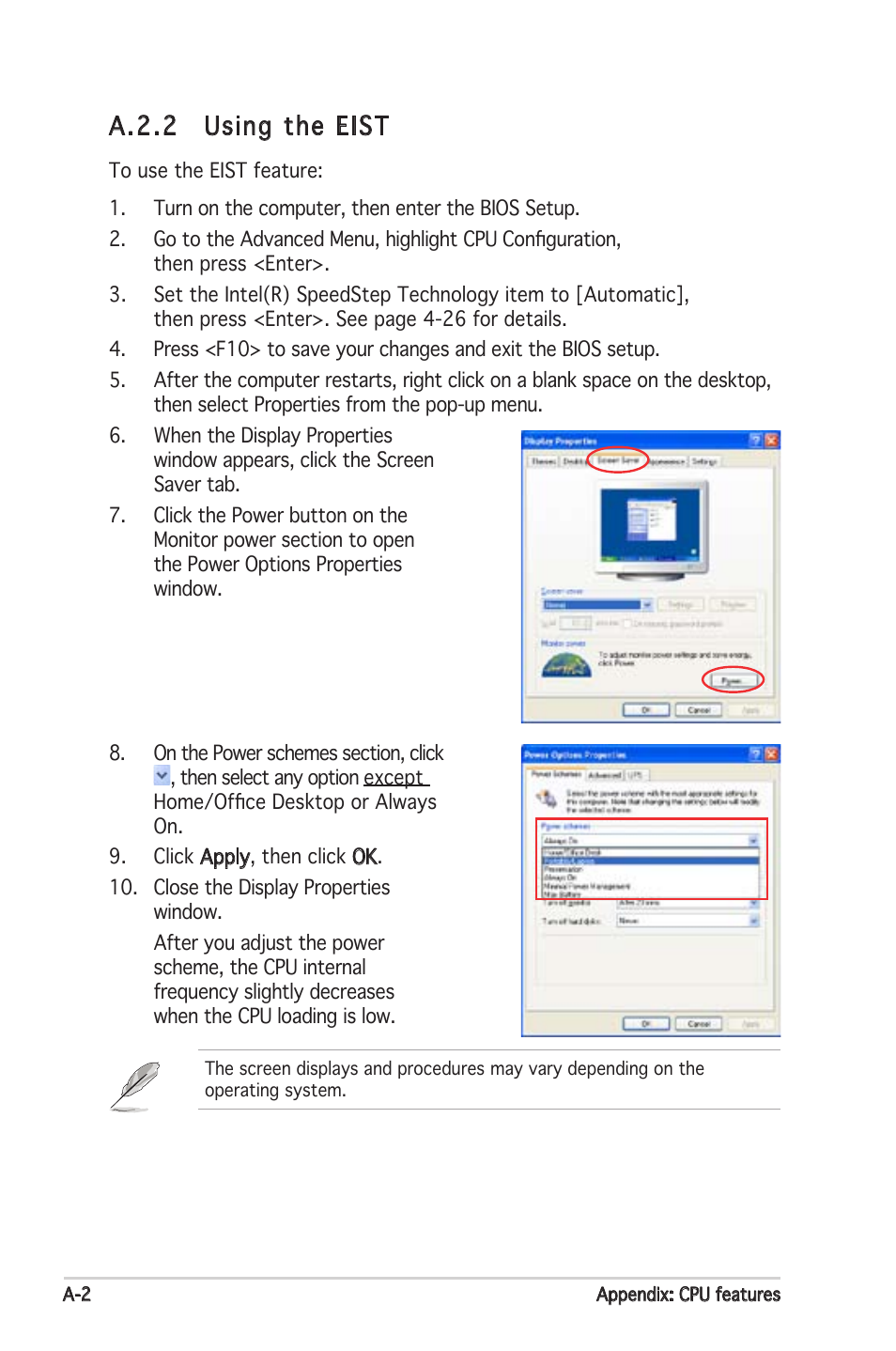 A.2.2 using the eist | Asus Motherboard P5PL2-E User Manual | Page 114 / 116