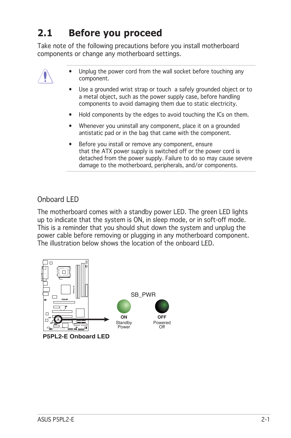 1 before you proceed, Onboard led | Asus Motherboard P5PL2-E User Manual | Page 21 / 116