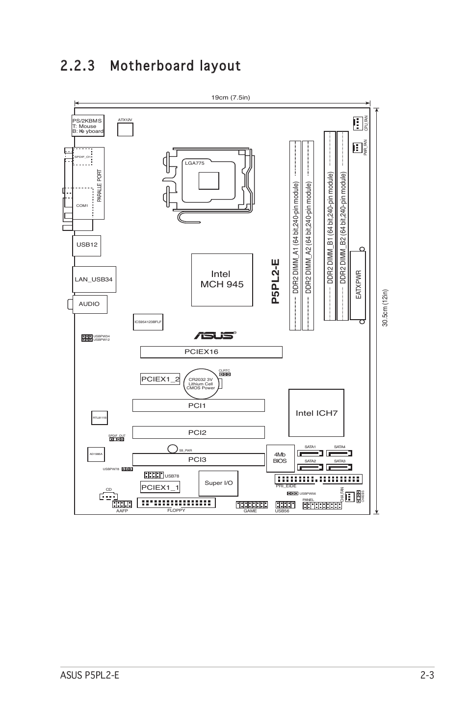 3 motherboard layout, P5pl2-e, Asus p5pl2-e 2-3 | Intel mch 945, Intel ich7, Ea txpw r | Asus Motherboard P5PL2-E User Manual | Page 23 / 116