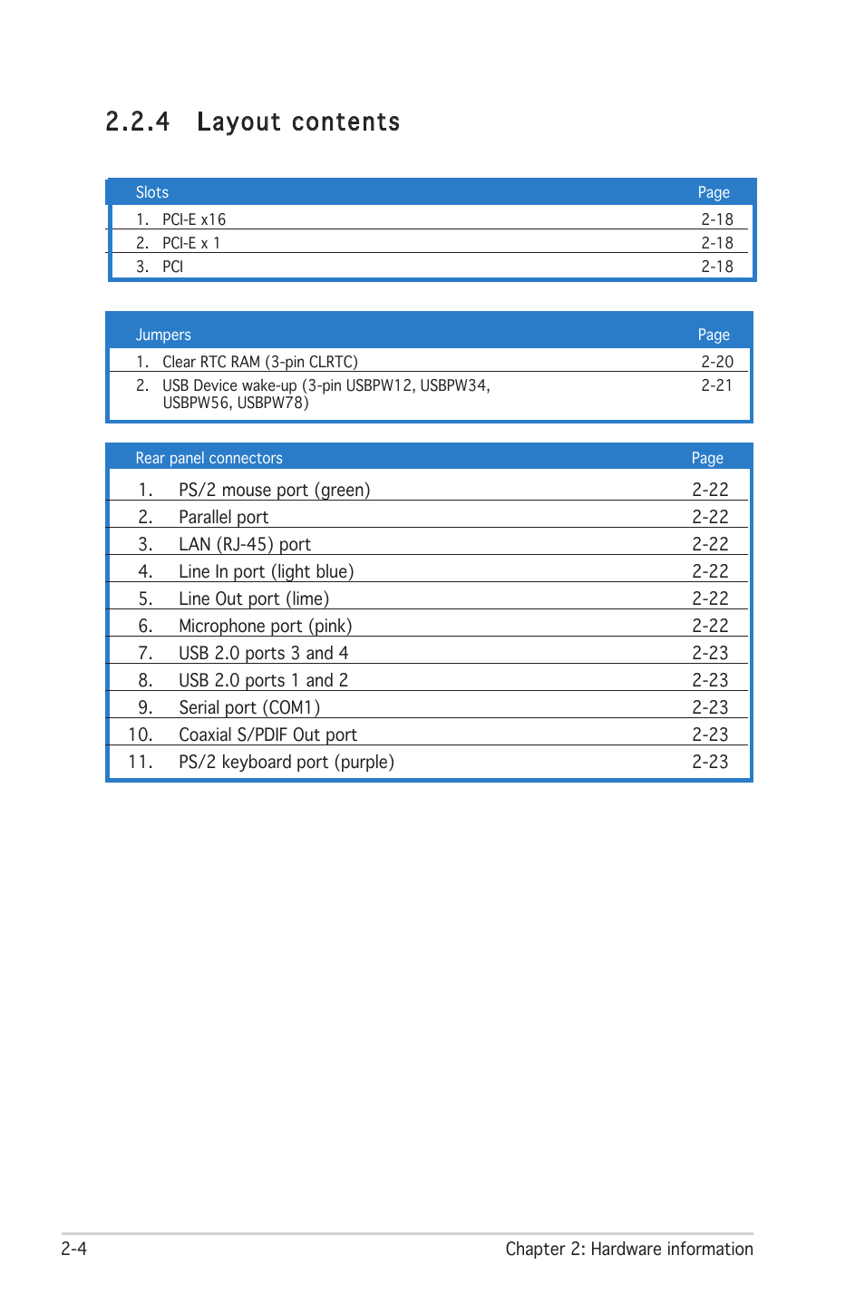 4 layout contents | Asus Motherboard P5PL2-E User Manual | Page 24 / 116