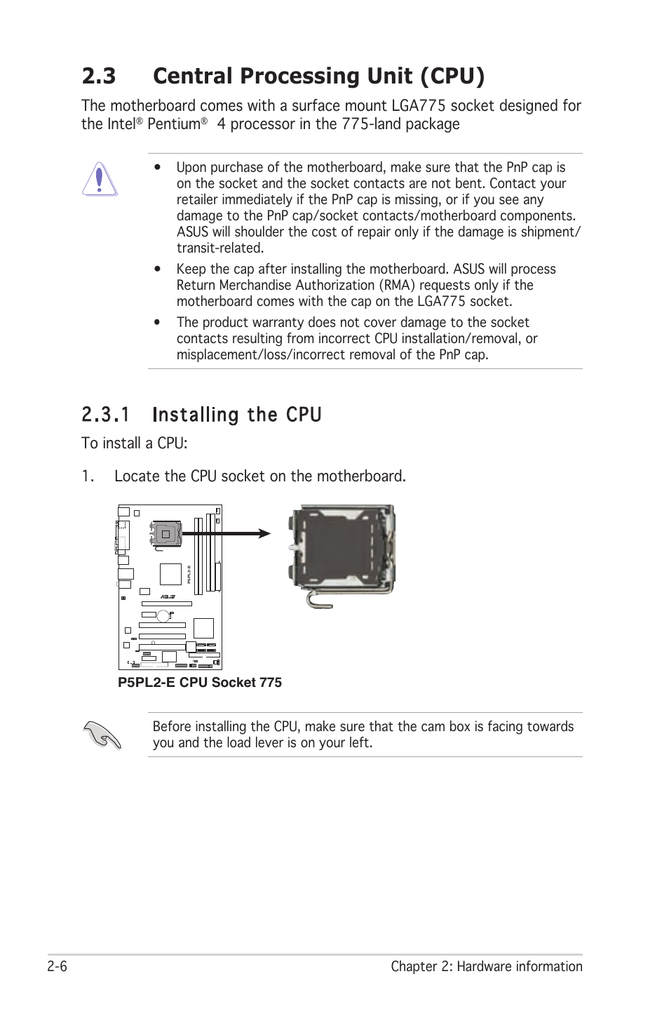 3 central processing unit (cpu), 1 installing the cpu | Asus Motherboard P5PL2-E User Manual | Page 26 / 116