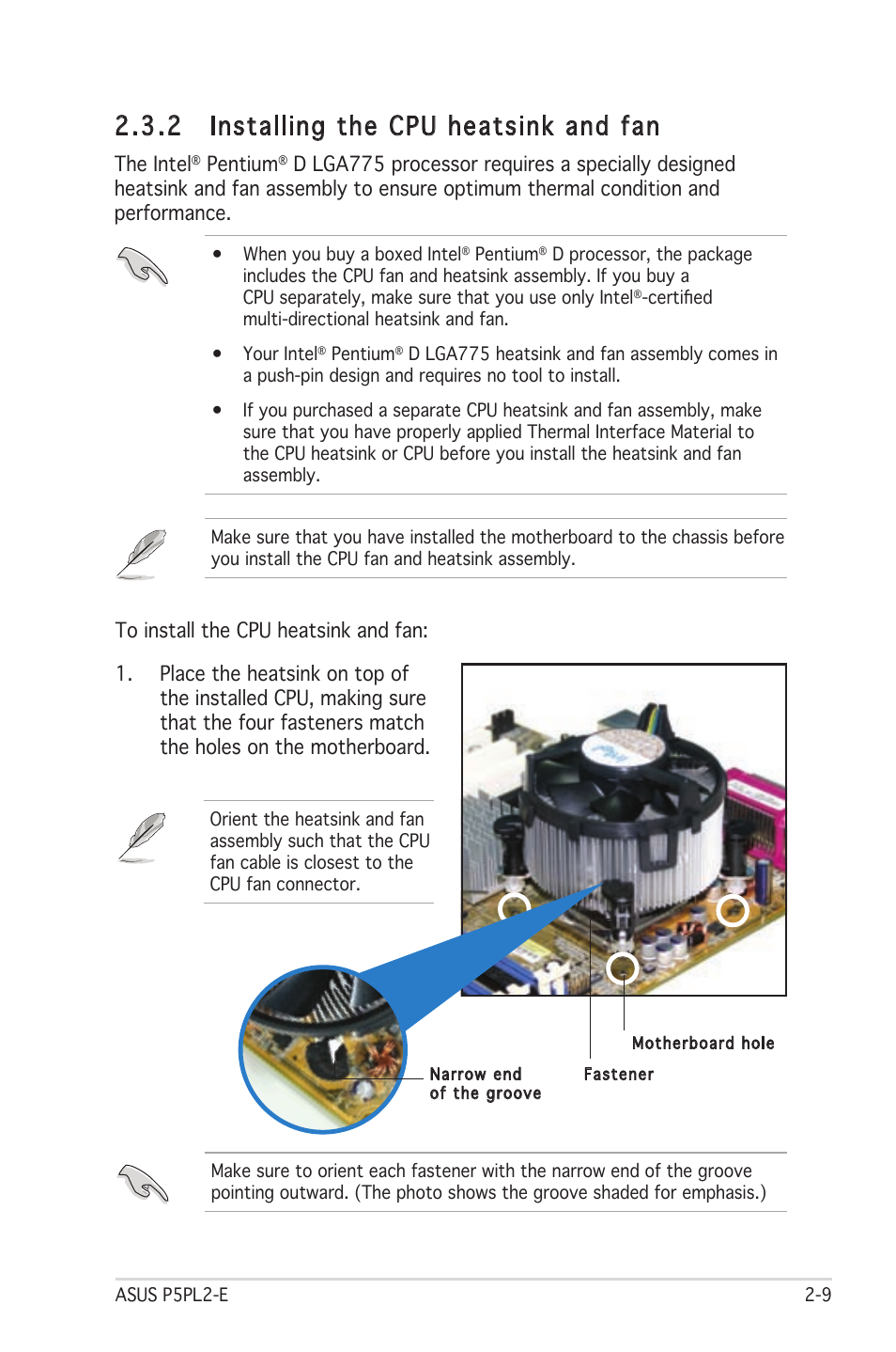 2 installing the cpu heatsink and fan | Asus Motherboard P5PL2-E User Manual | Page 29 / 116