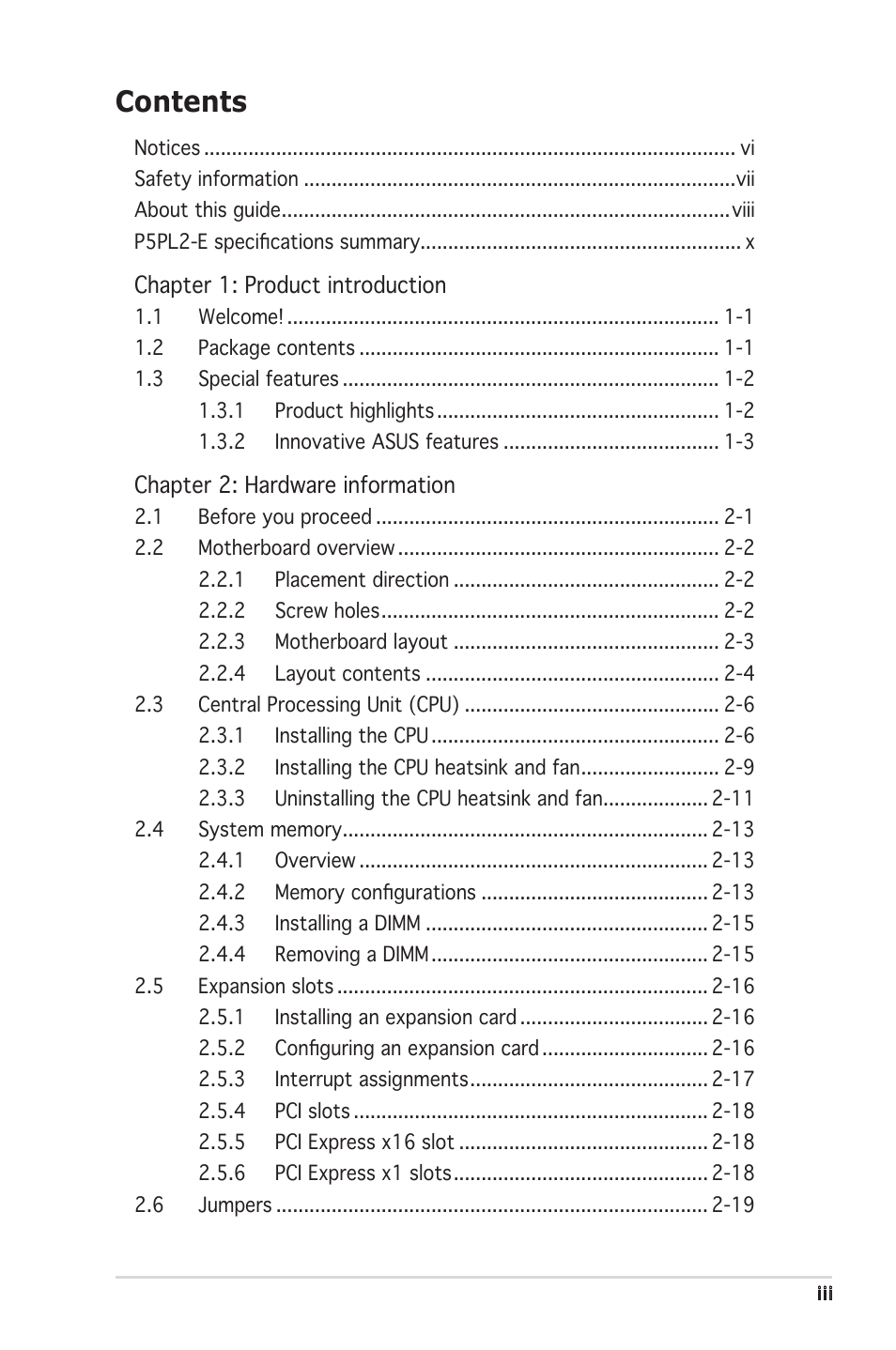 Asus Motherboard P5PL2-E User Manual | Page 3 / 116